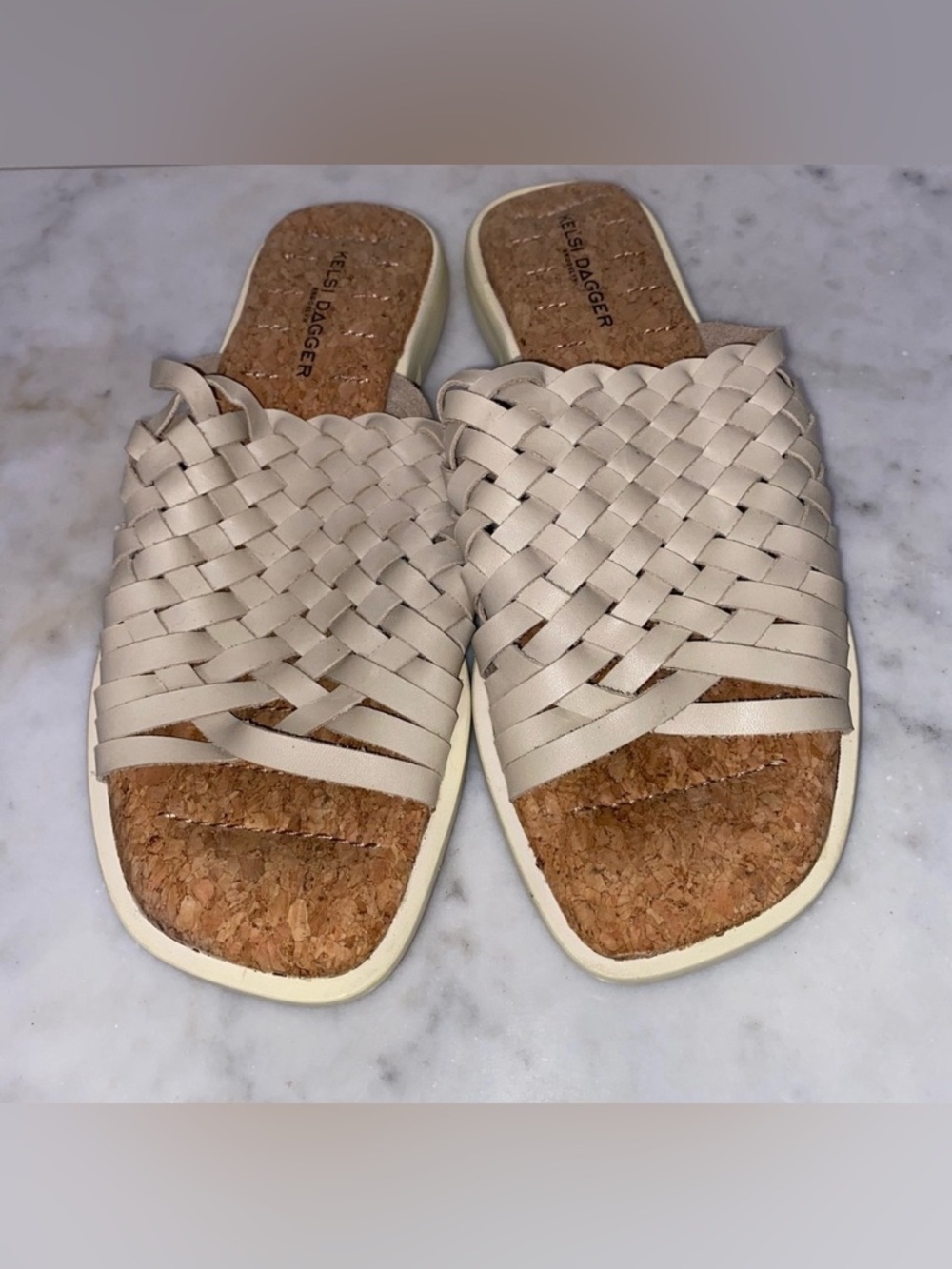 KELSI DAGGER Tide Woven Flat Slide Sandal Womens 8.5 Cream Comfort Cork Footbed
